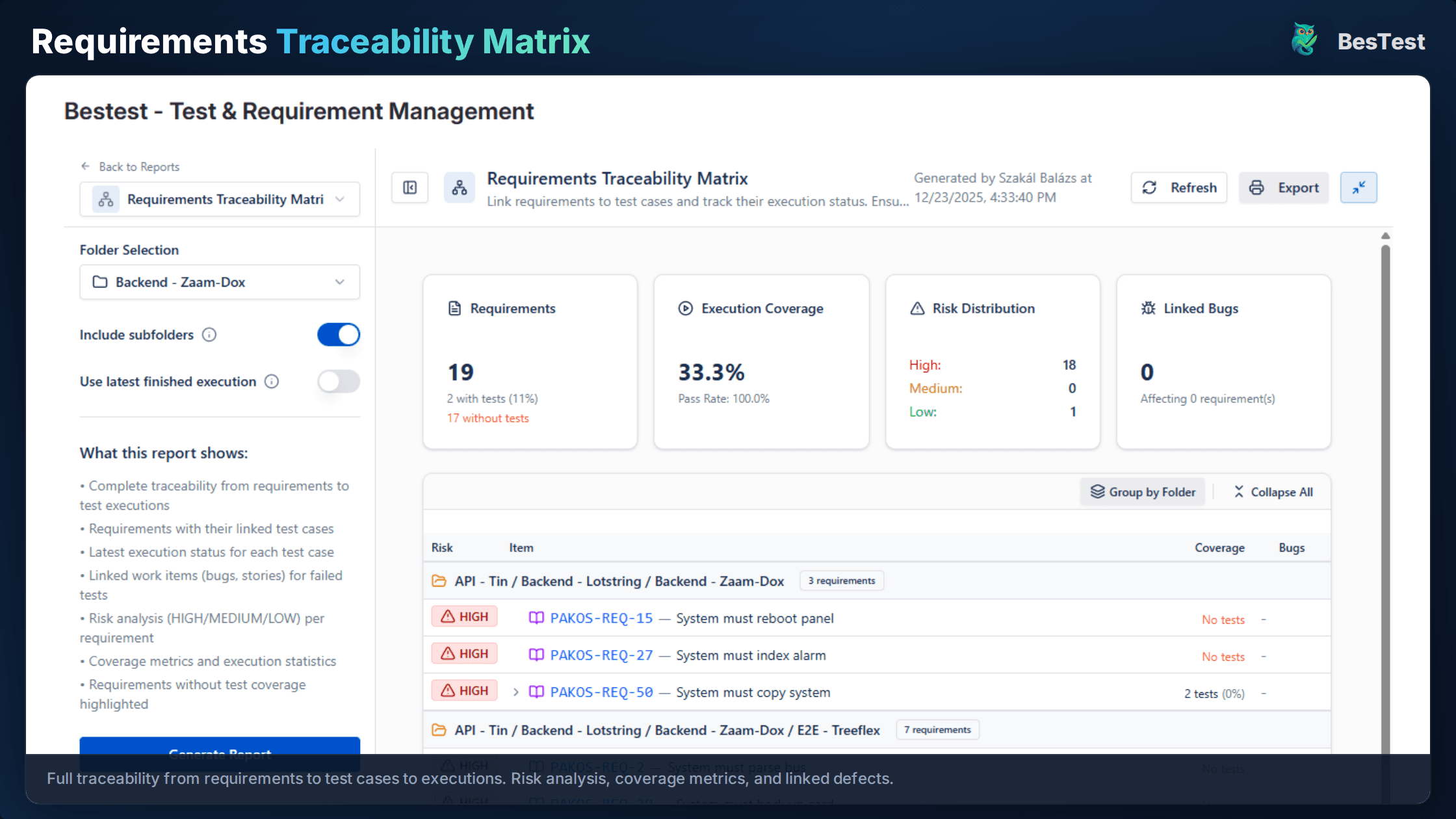 API test coverage traceability matrix showing service-level gaps in Jira