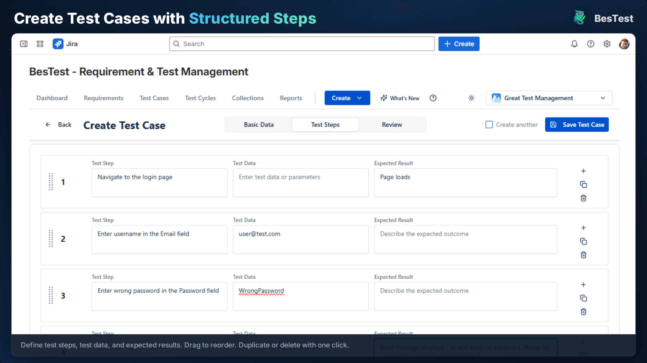 Structured API test case steps showing endpoint, method, and expected response in BesTest