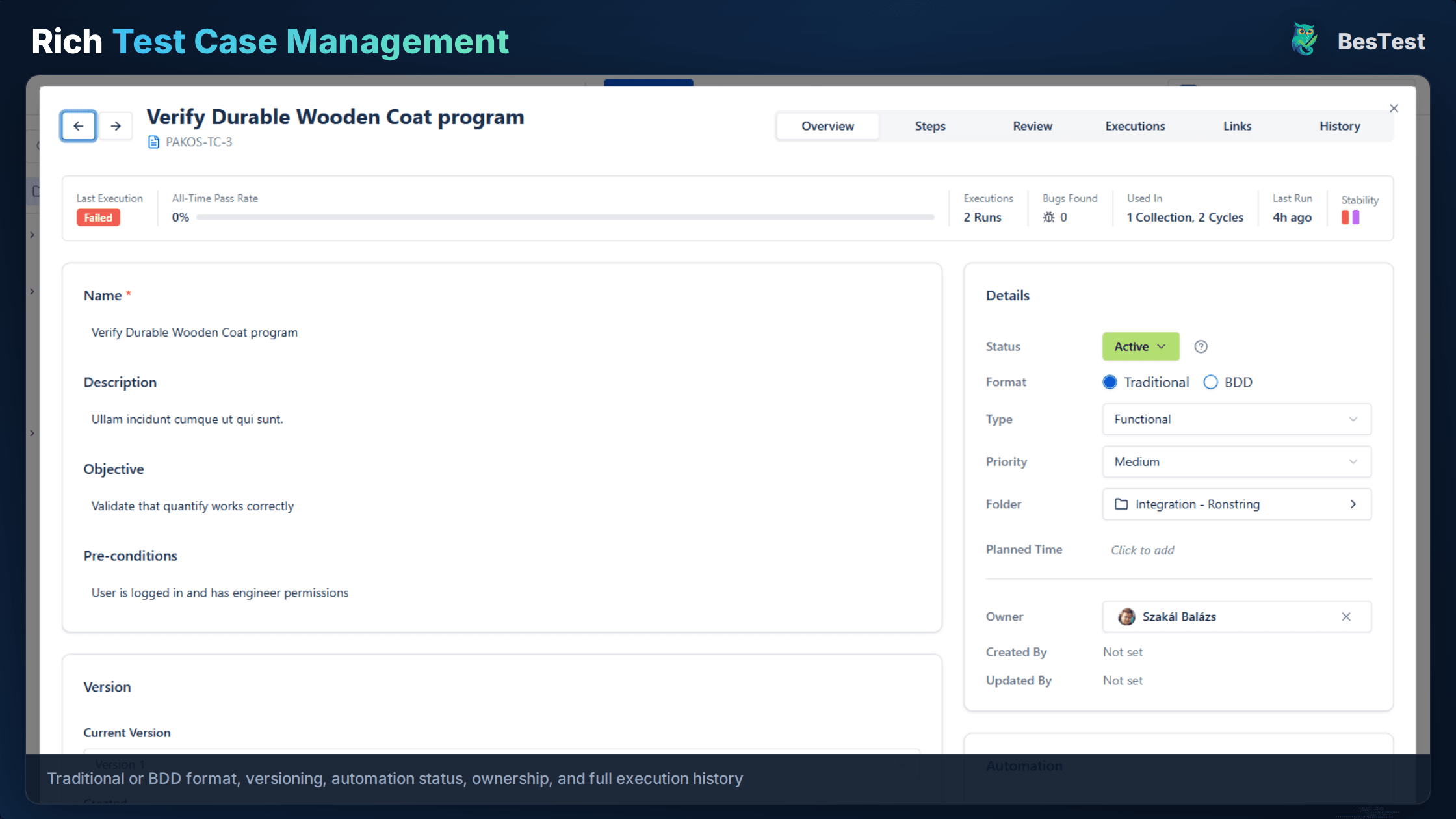 Test case detail panel showing review feedback and approval status in BesTest