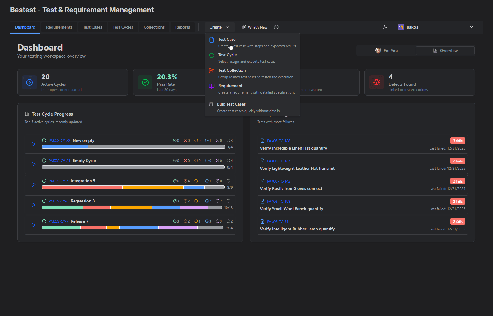 BesTest dark theme interface