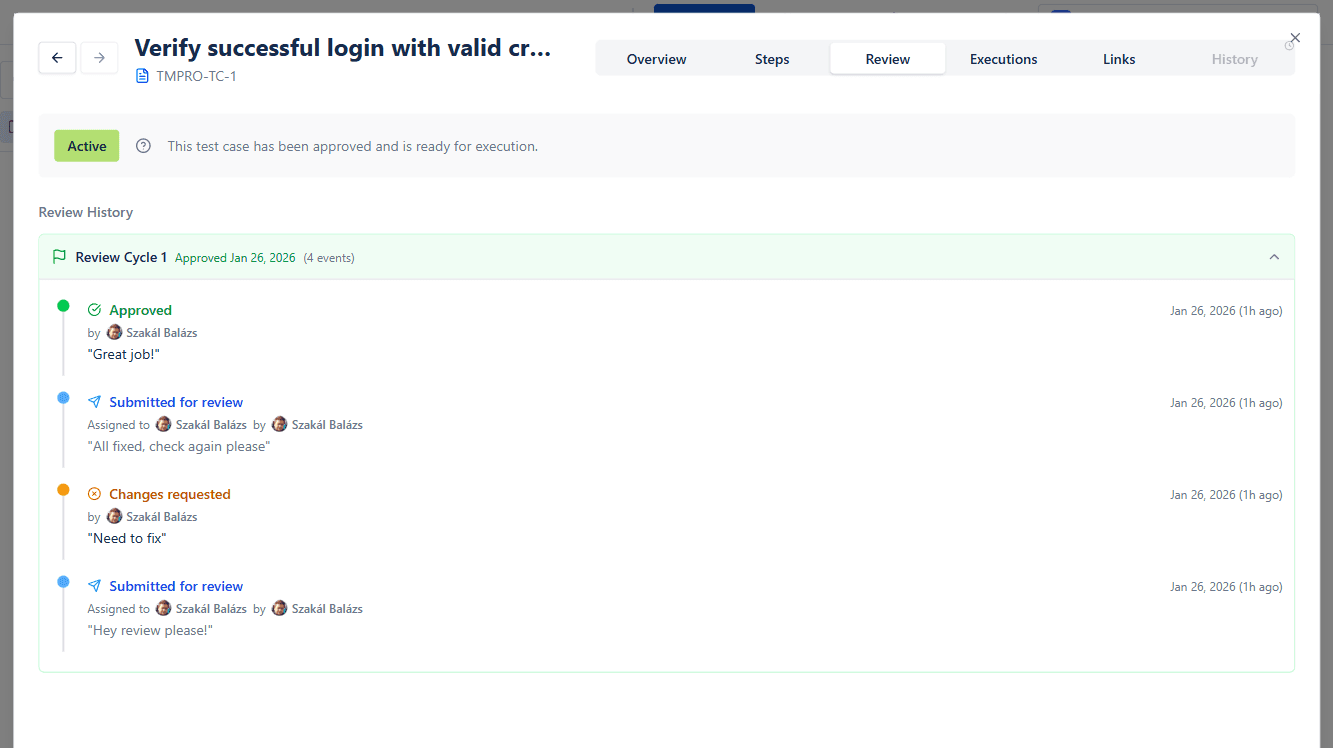 Test case review workflow showing submit, changes requested, and approved states