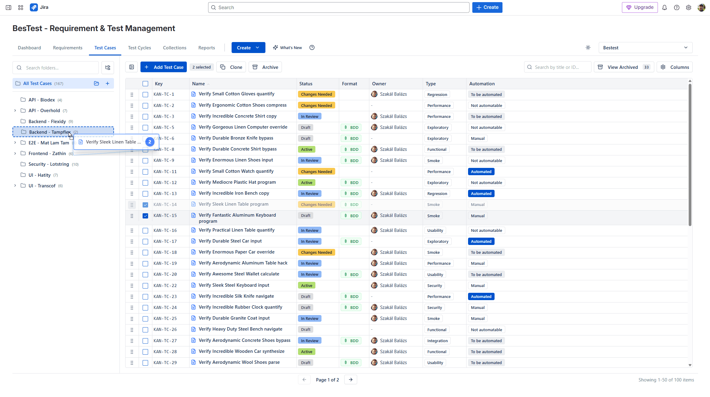 Test cases organized in folder hierarchy