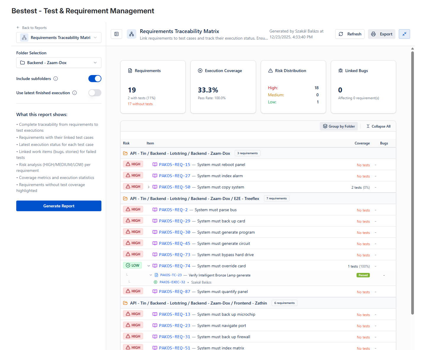 BesTest traceability matrix showing requirements linked to test cases