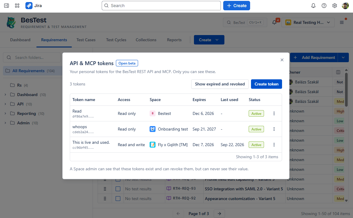 The API & MCP tokens screen: your own tokens, one Space each, read-only or read-and-write, with expiry and last use