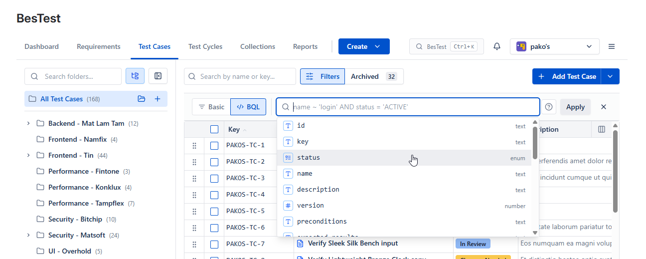 BQL filtering over the test case catalogue - autocomplete included