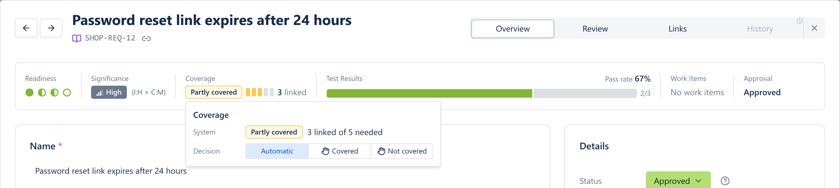 Coverage popover with the system value and the Decision control