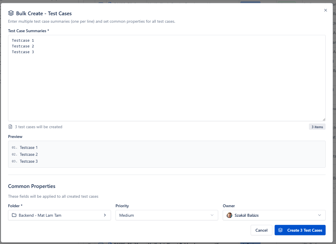 Create Bulk Test Cases