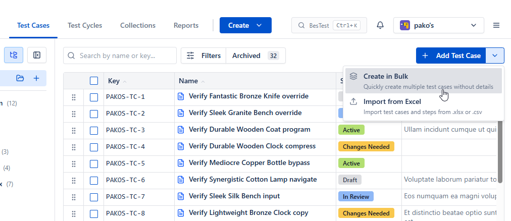 Create Bulk Test Cases