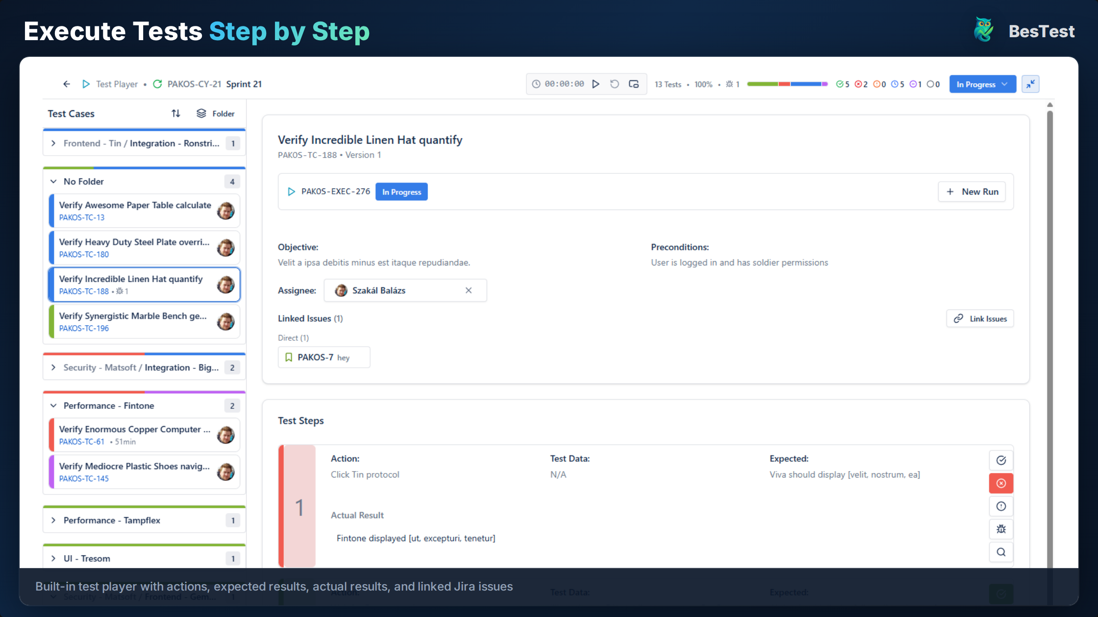 Business-friendly UAT test player guiding step-by-step execution inside Jira
